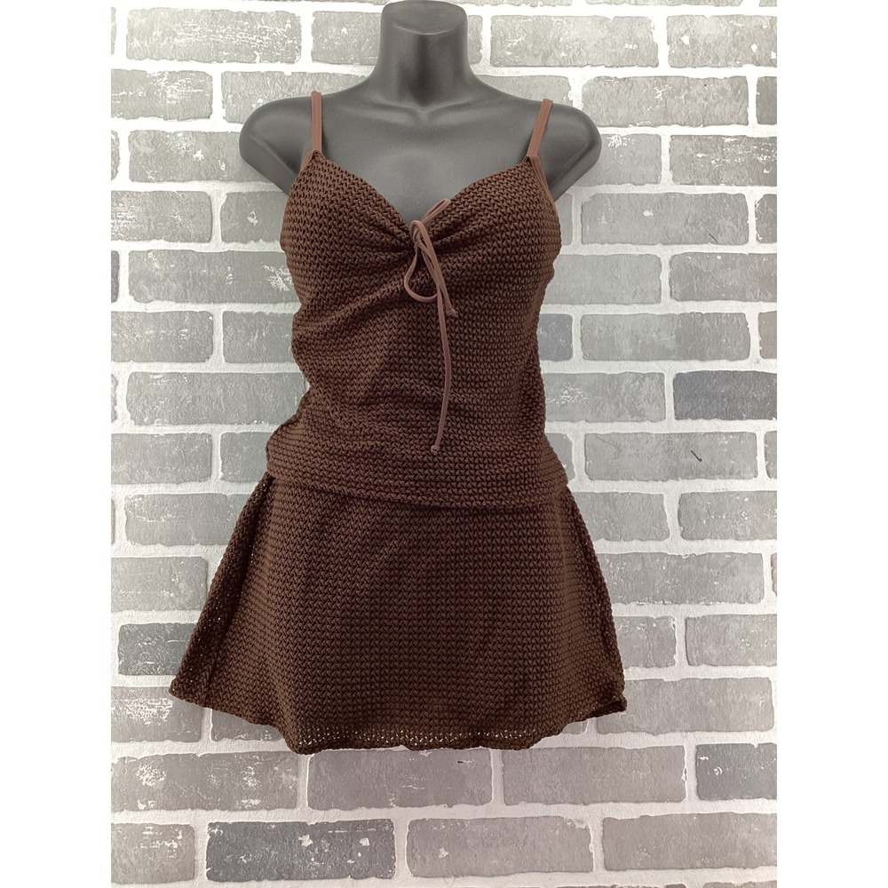 Victorias Secret Brown Crochet Tankini Top 34A and Swim Skirt Small Set Y2K